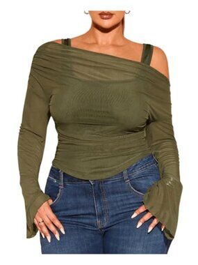 Plus Size Off Shoulder Top 2-in-1 Bell Sleeve Long Sleeve Tee Knit